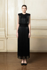Sleeveless Fringe Midi Dress with Hand-Knit Accents and Figure-Defining Stretch Waistband